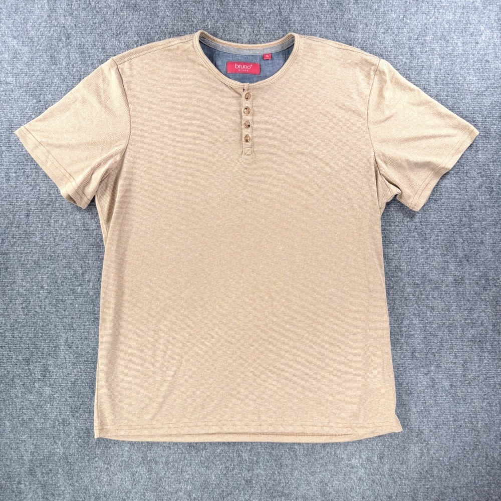 Bruno Milano Henley Shirt Men's XL Beige Tan Short Sleeve Textured Polyester